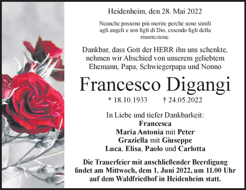  Traueranzeige für Francesco Digangi vom 28.05.2022 aus Heidenheimer Zeitung
