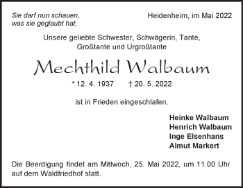 Traueranzeige von Mechthild Walbaum von Heidenheimer Zeitung