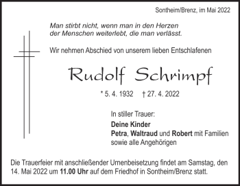 Traueranzeige von Rudolf Schrimpf von Heidenheimer Zeitung