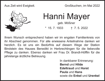 Traueranzeige von Hanni Mayer von Heidenheimer Zeitung