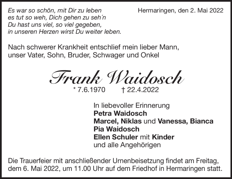  Traueranzeige für Frank Waidosch vom 02.05.2022 aus Heidenheimer Zeitung