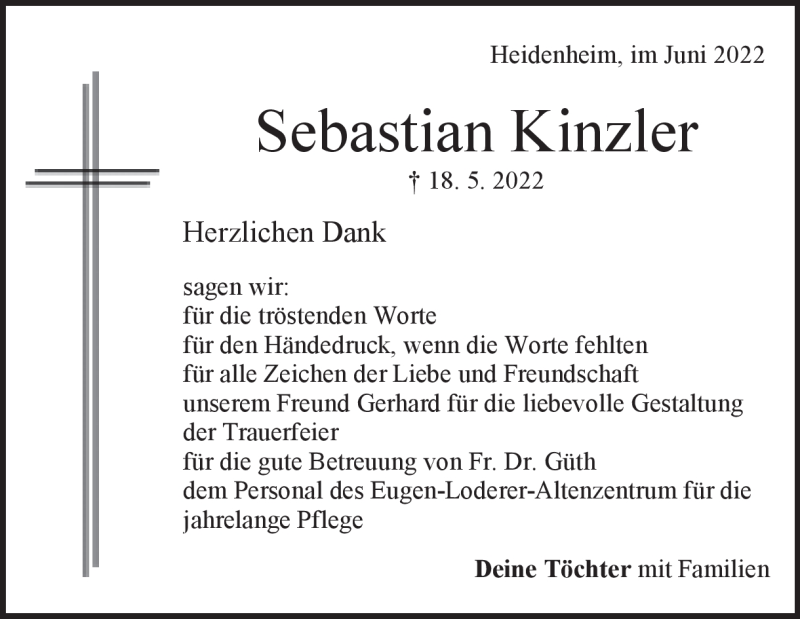  Traueranzeige für Sebastian Kinzler vom 31.05.2022 aus Heidenheimer Zeitung