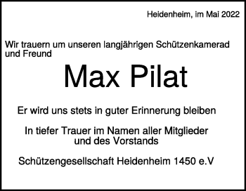 Traueranzeige von Max Pilat von Heidenheimer Zeitung