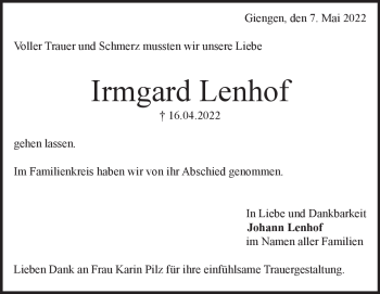 Traueranzeige von Irmgard Lenhof von Heidenheimer Zeitung