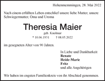 Traueranzeige von Theresia Maier von Heidenheimer Zeitung