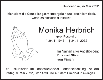 Traueranzeige von Monika Herbrich von Heidenheimer Zeitung
