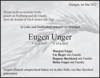 Traueranzeige von Eugen Unger von Heidenheimer Zeitung