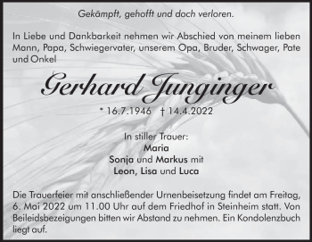 Traueranzeige von Gerhard Junginger von Heidenheimer Zeitung
