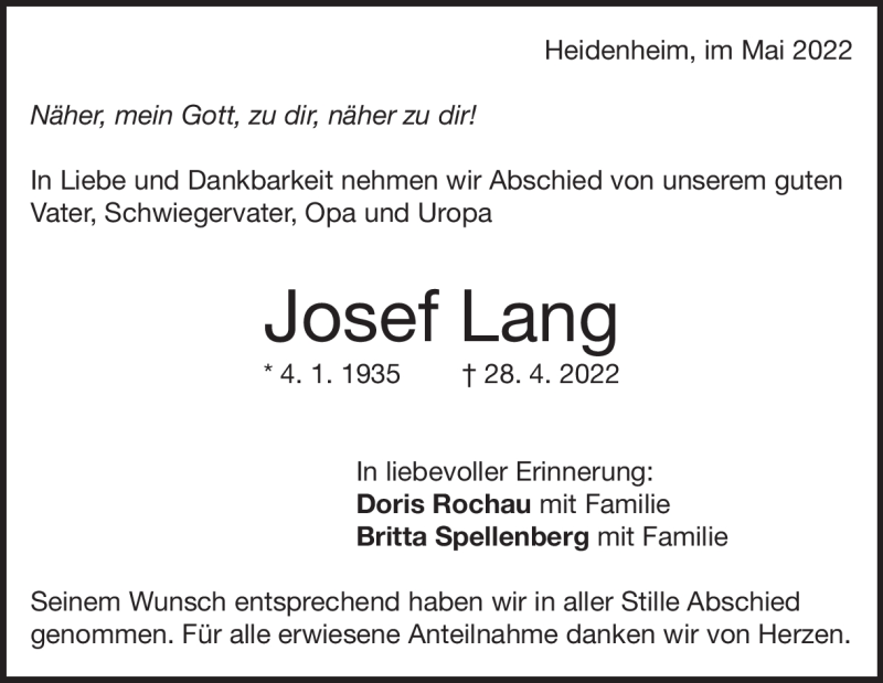  Traueranzeige für Josef Lang vom 05.05.2022 aus Heidenheimer Zeitung
