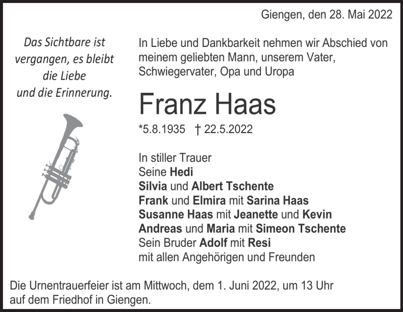  Traueranzeige für Franz Haas vom 28.05.2022 aus Heidenheimer Zeitung