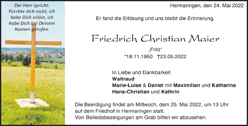  Traueranzeige für Friedrich Christian Maier vom 24.05.2022 aus Heidenheimer Zeitung