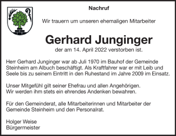 Traueranzeige von Gerhard Junginger von Heidenheimer Zeitung