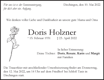 Traueranzeige von Doris Holzner von Heidenheimer Zeitung