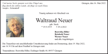 Traueranzeige von Waltraud Neuer von Heidenheimer Zeitung