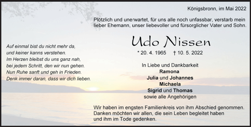  Traueranzeige für Udo Nissen vom 21.05.2022 aus Heidenheimer Zeitung