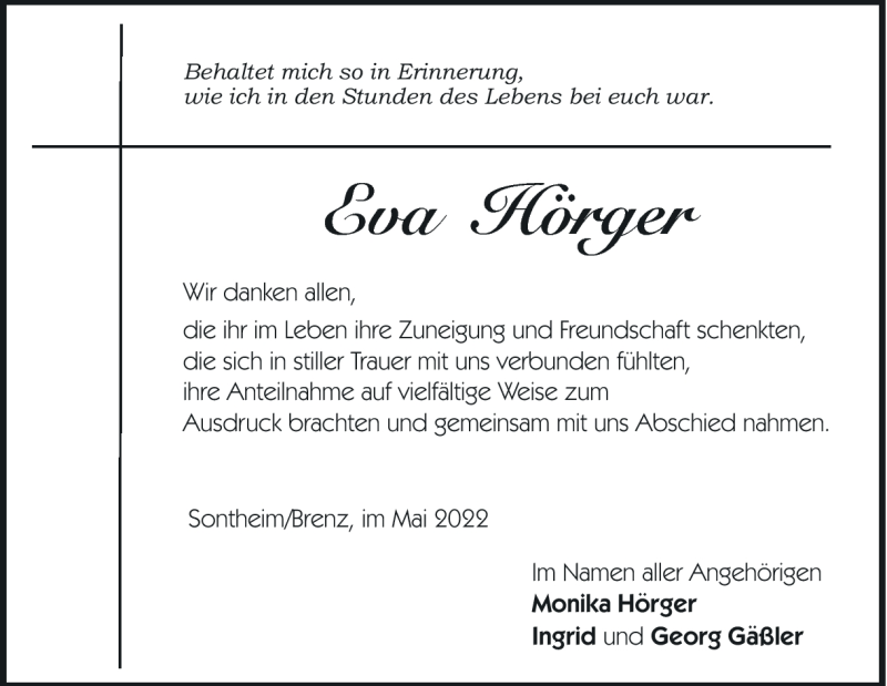  Traueranzeige für Eva Hörger vom 14.05.2022 aus Heidenheimer Zeitung