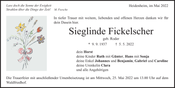 Traueranzeige von Sieglinde Fickelscher von Heidenheimer Zeitung