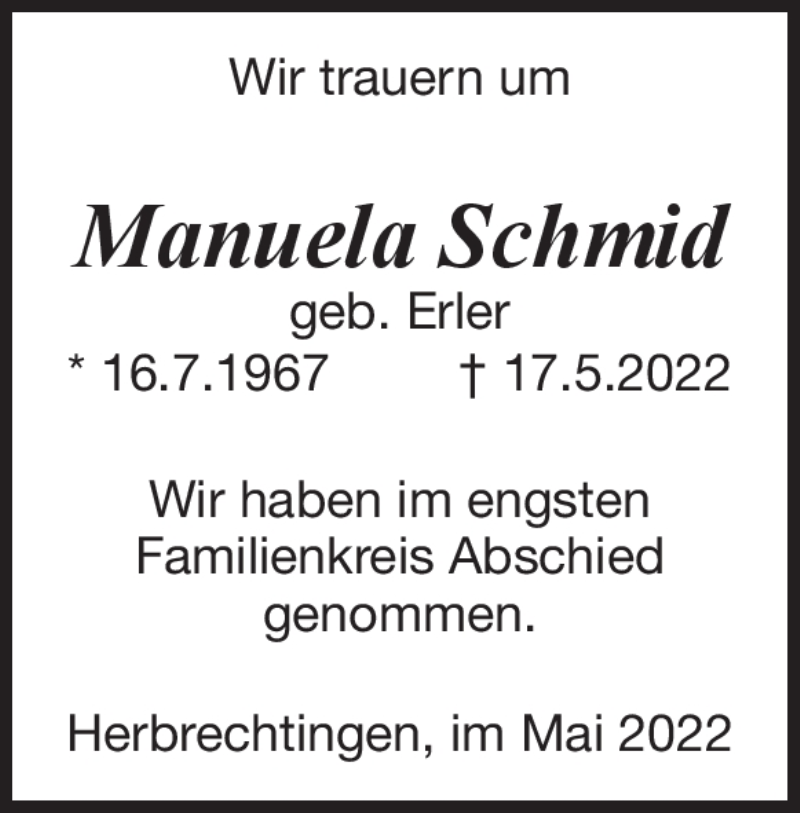  Traueranzeige für Manuela Schmid vom 28.05.2022 aus Heidenheimer Zeitung