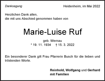 Traueranzeige von Marie-Luise Ruf von Heidenheimer Zeitung