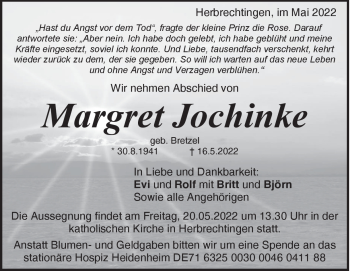 Traueranzeige von Margret Jochinke von Heidenheimer Zeitung