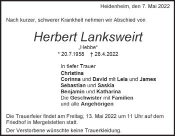 Traueranzeige von Herbert Lanksweirt von Heidenheimer Zeitung