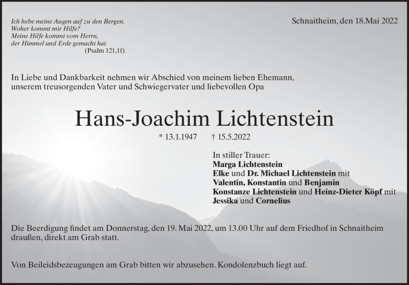  Traueranzeige für Hans Lichtenstein vom 18.05.2022 aus Heidenheimer Zeitung
