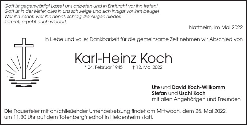  Traueranzeige für Karl-Heinz Koch vom 17.05.2022 aus Heidenheimer Zeitung