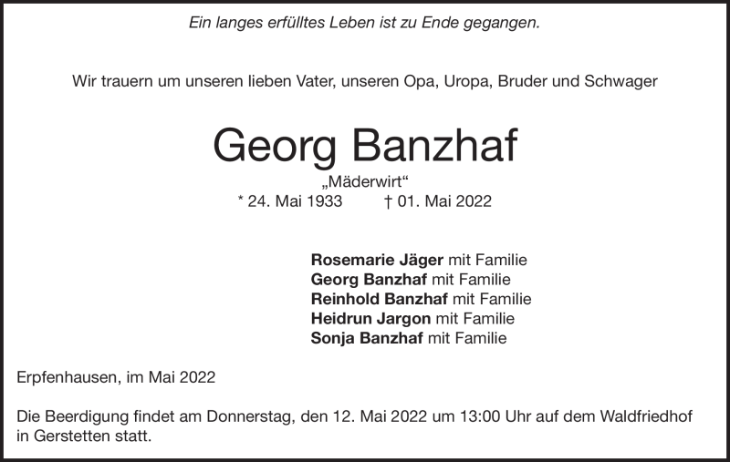  Traueranzeige für Georg Banzhaf vom 07.05.2022 aus Heidenheimer Zeitung