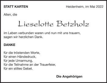 Traueranzeige von Lieselotte Betzholz von Heidenheimer Zeitung