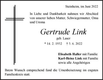 Traueranzeige von Gertrude Link von Heidenheimer Zeitung