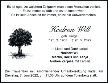 Traueranzeige von Heidrun Will von Heidenheimer Zeitung