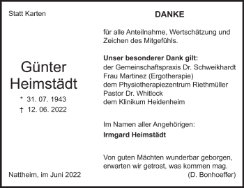 Traueranzeige von Günter Heimstädt von Heidenheimer Zeitung