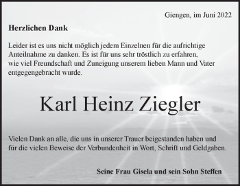 Traueranzeige von Karl Heinz Ziegler von Heidenheimer Zeitung