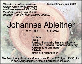 Traueranzeige von Johannes Ableitner von Heidenheimer Zeitung
