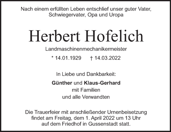 Traueranzeige von Herbert Hofelich von Heidenheimer Zeitung
