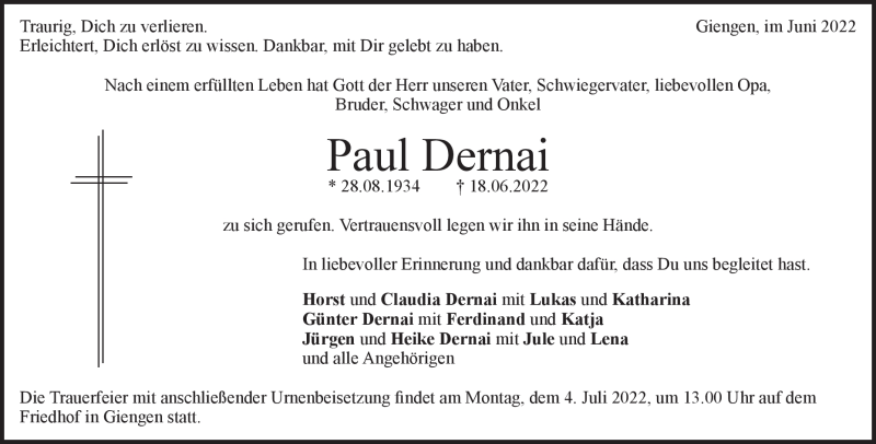  Traueranzeige für Paul Dernai vom 23.06.2022 aus Heidenheimer Zeitung