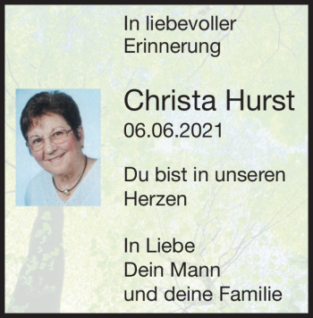 Traueranzeige von Christa Hurst von Heidenheimer Zeitung