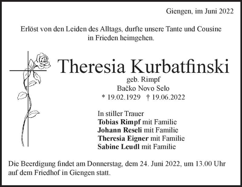  Traueranzeige für Theresia Kurbafinski vom 21.06.2022 aus Heidenheimer Zeitung