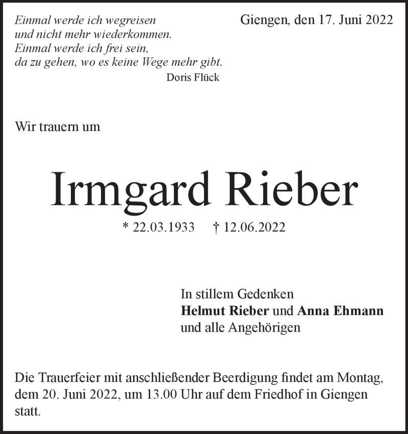  Traueranzeige für Irmgard Rieber vom 17.06.2022 aus Heidenheimer Zeitung