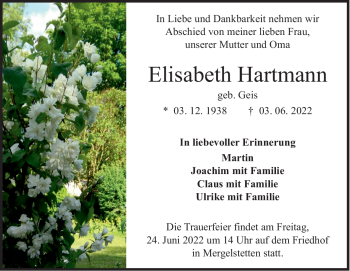 Traueranzeige von Elisabeth Hartmann von Heidenheimer Zeitung