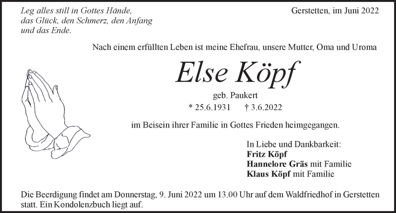  Traueranzeige für Else Köpf vom 08.06.2022 aus Heidenheimer Zeitung