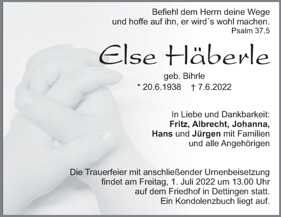 Traueranzeige von Else Häberle von Heidenheimer Zeitung