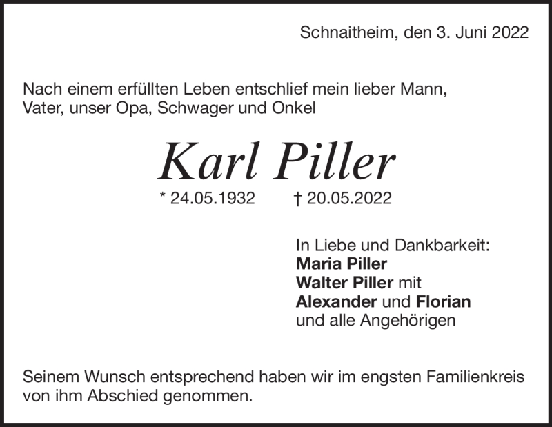  Traueranzeige für Karl Piller vom 03.06.2022 aus Heidenheimer Zeitung