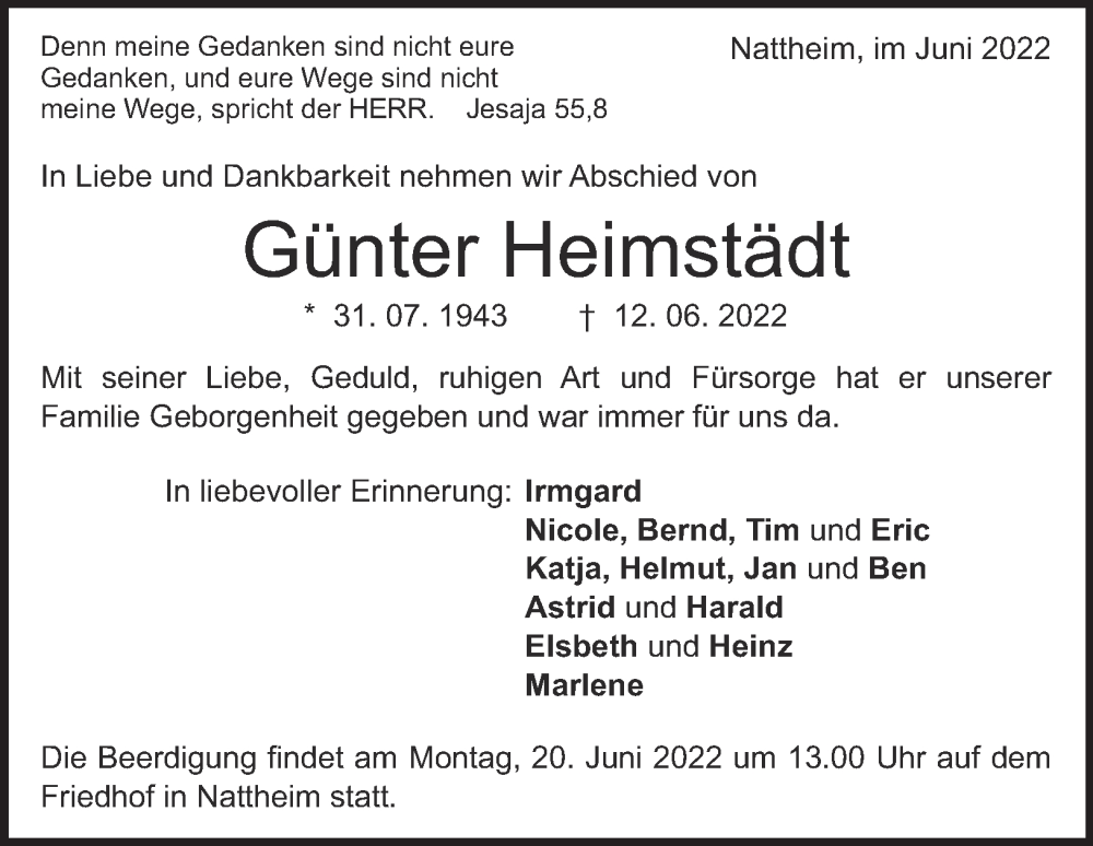  Traueranzeige für Günter Heimstädt vom 17.06.2022 aus Heidenheimer Zeitung
