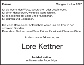 Traueranzeige von Lore Kettner von Heidenheimer Zeitung