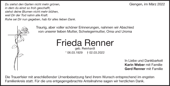 Traueranzeige von Frieda Renner von Heidenheimer Zeitung