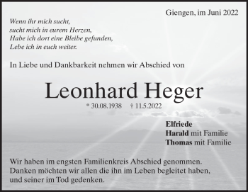 Traueranzeige von Leonhard Heger von Heidenheimer Zeitung