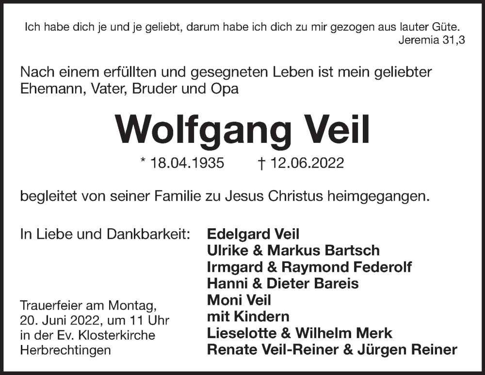  Traueranzeige für Wolfgang Veil vom 17.06.2022 aus Heidenheimer Zeitung