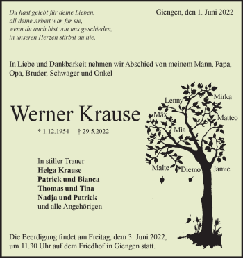 Traueranzeige von Werner Krause von Heidenheimer Zeitung