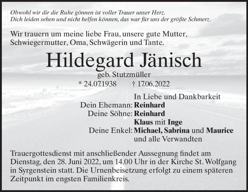  Traueranzeige für Hildegard Jänisch vom 22.06.2022 aus Heidenheimer Zeitung